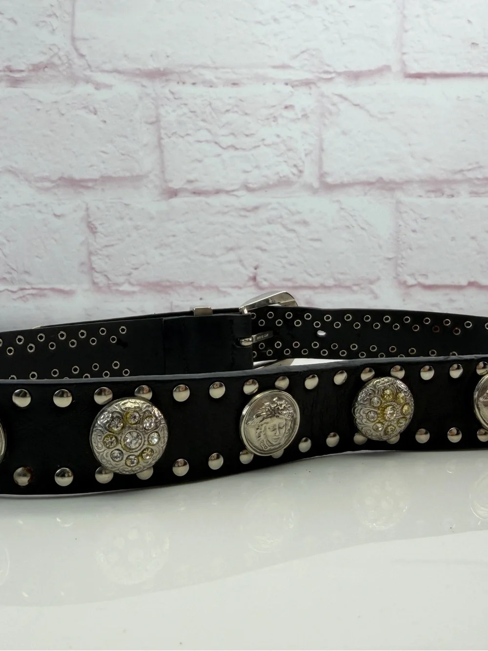 Rare 90s Gianni Versace Studded Leather Medusa Black Belt 70/28